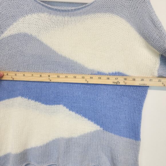 Wooden Ships Wavy Print Sweater Size S/M Blue Open Knit Nautical Coastal Chic - Picture 10 of 12